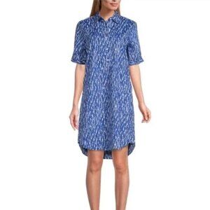 J. McLaughlin Arissa Dress Blue White Print Shirt Dress Pockets Collared Woven